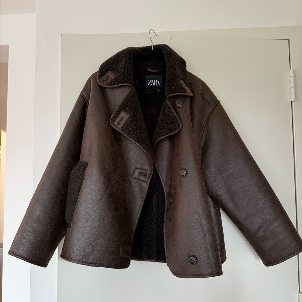 Zara Dark Brown Faux Leather Fur Lined Jacket